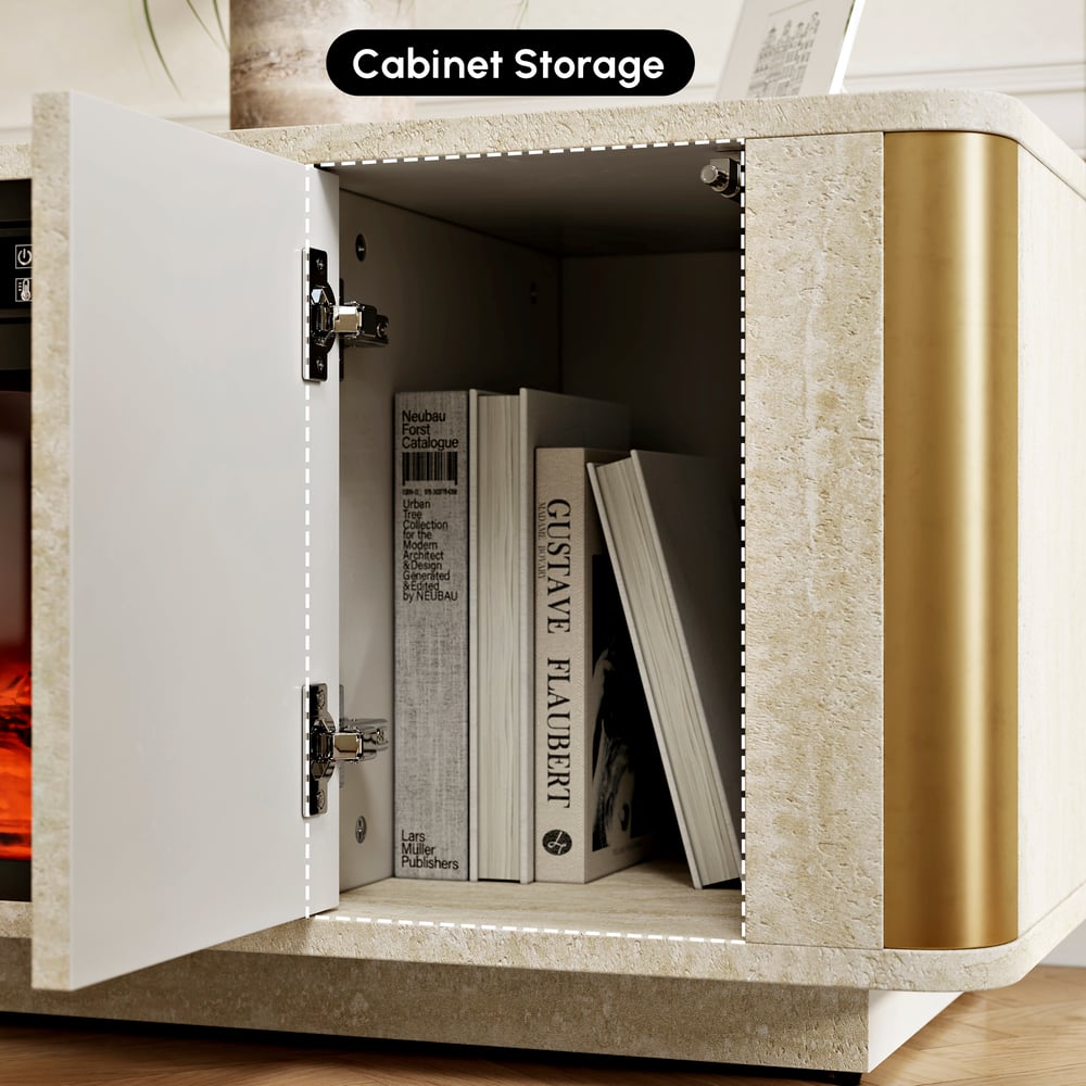 79" Travertine Veneer Fireplace TV Stand with Storage window image