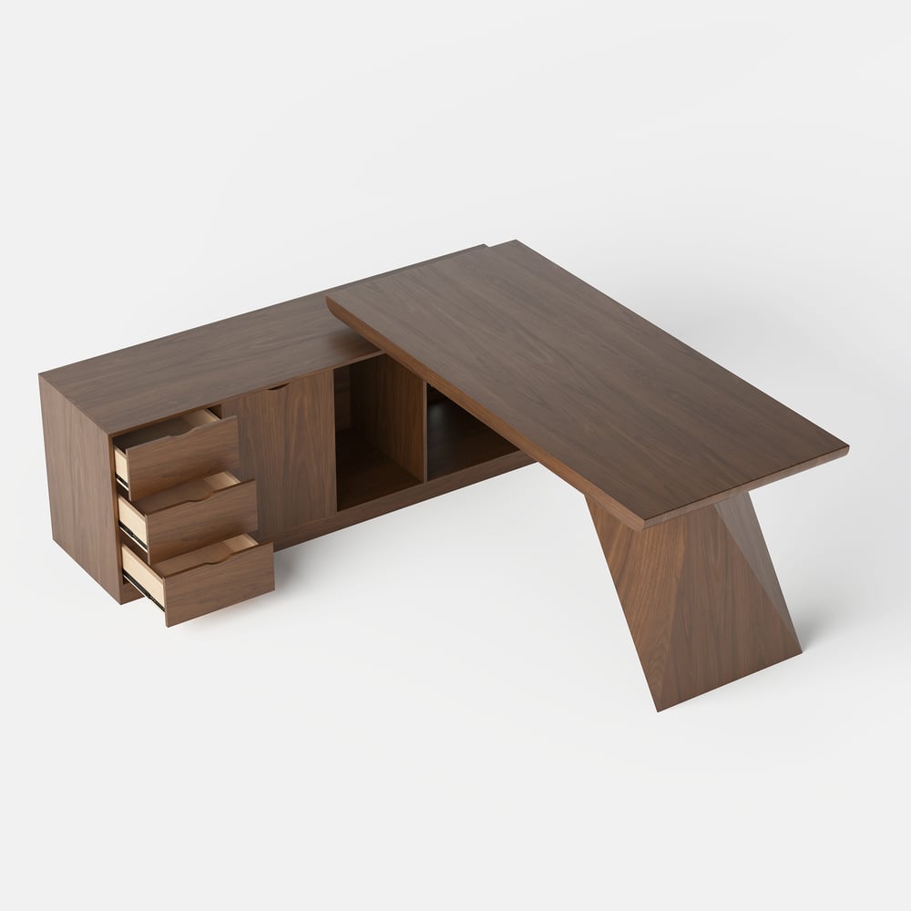 Mesa executiva moderna em forma de L em nogueira com gavetas e armário à esquerda (1800 mm) Imagem da janela