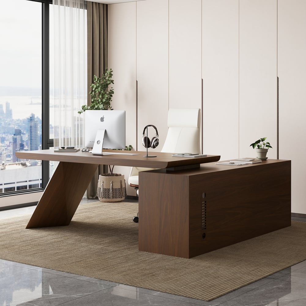 Mesa executiva moderna em forma de L em nogueira com gavetas e armário à esquerda (1800 mm) Imagem da janela