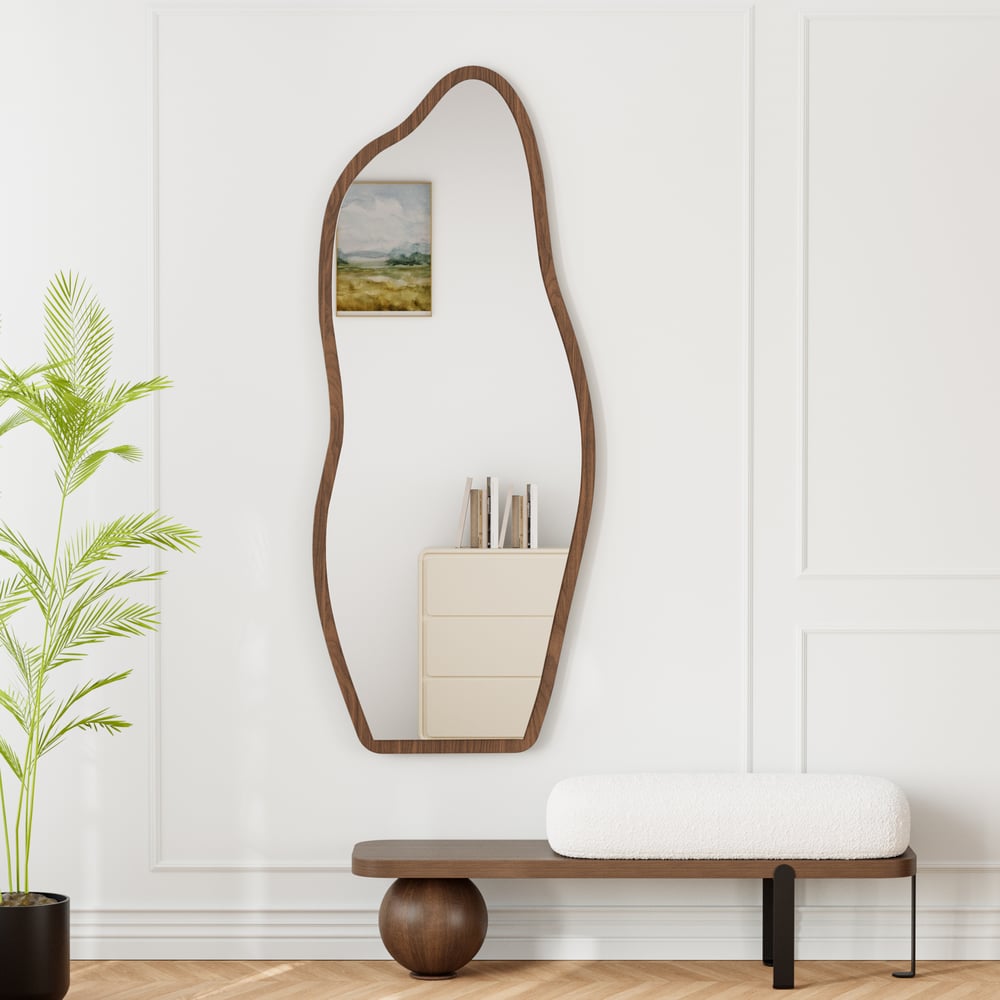 Walnut & Black Wooden Entryway Fleece Boucle Upholstered with Abstract Metal Legs window image