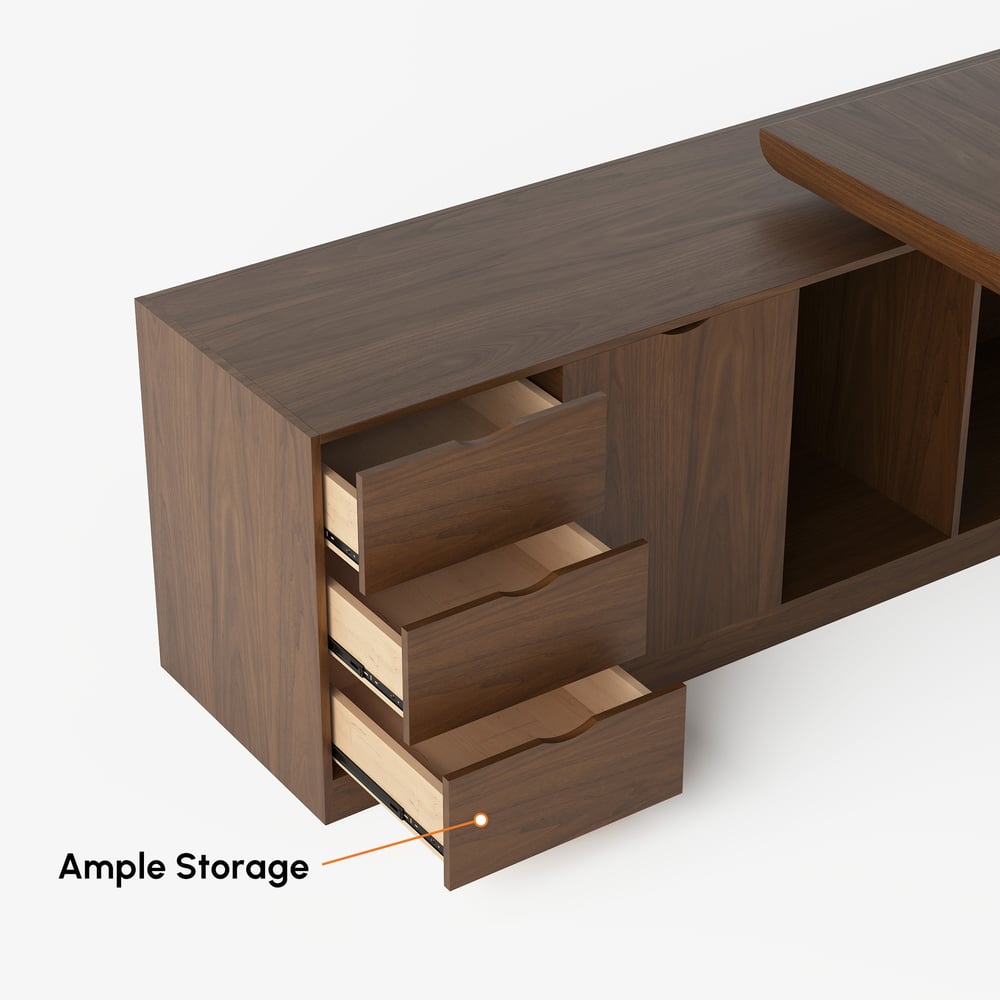 Mesa executiva moderna em forma de L em nogueira com gavetas e armário à esquerda (1800 mm) Imagem da janela