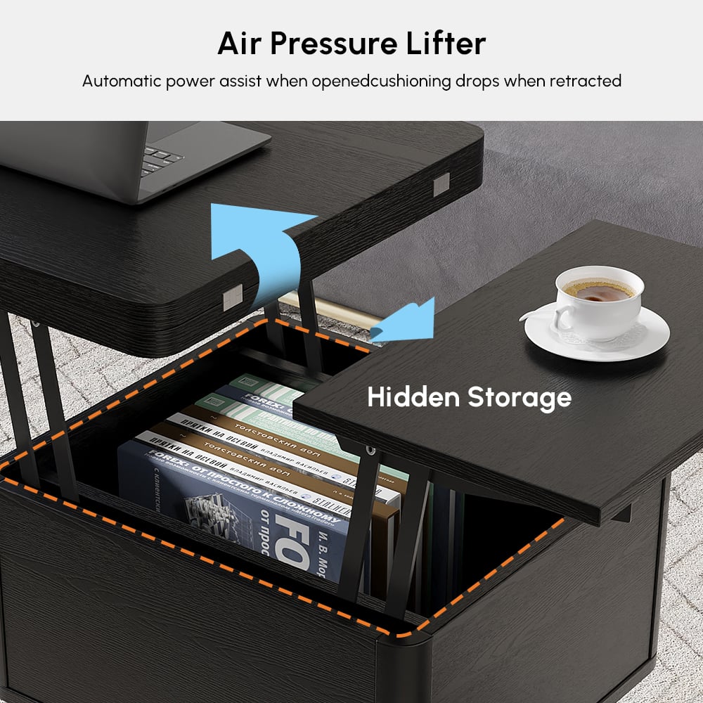 Modern Multi-functional Coffee Table Extendable with Storage & Lift Top in Black window image
