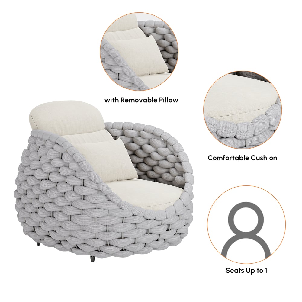 Chaise d'extérieur en corde tissée Fauteuil imperméable pour jardin et patio en gris clair avec coussin image de fenêtre