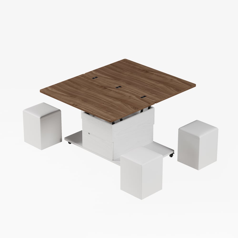39" Lift-Top Foldable Walnut & White Coffee Table with 4 Stools & Storage window image
