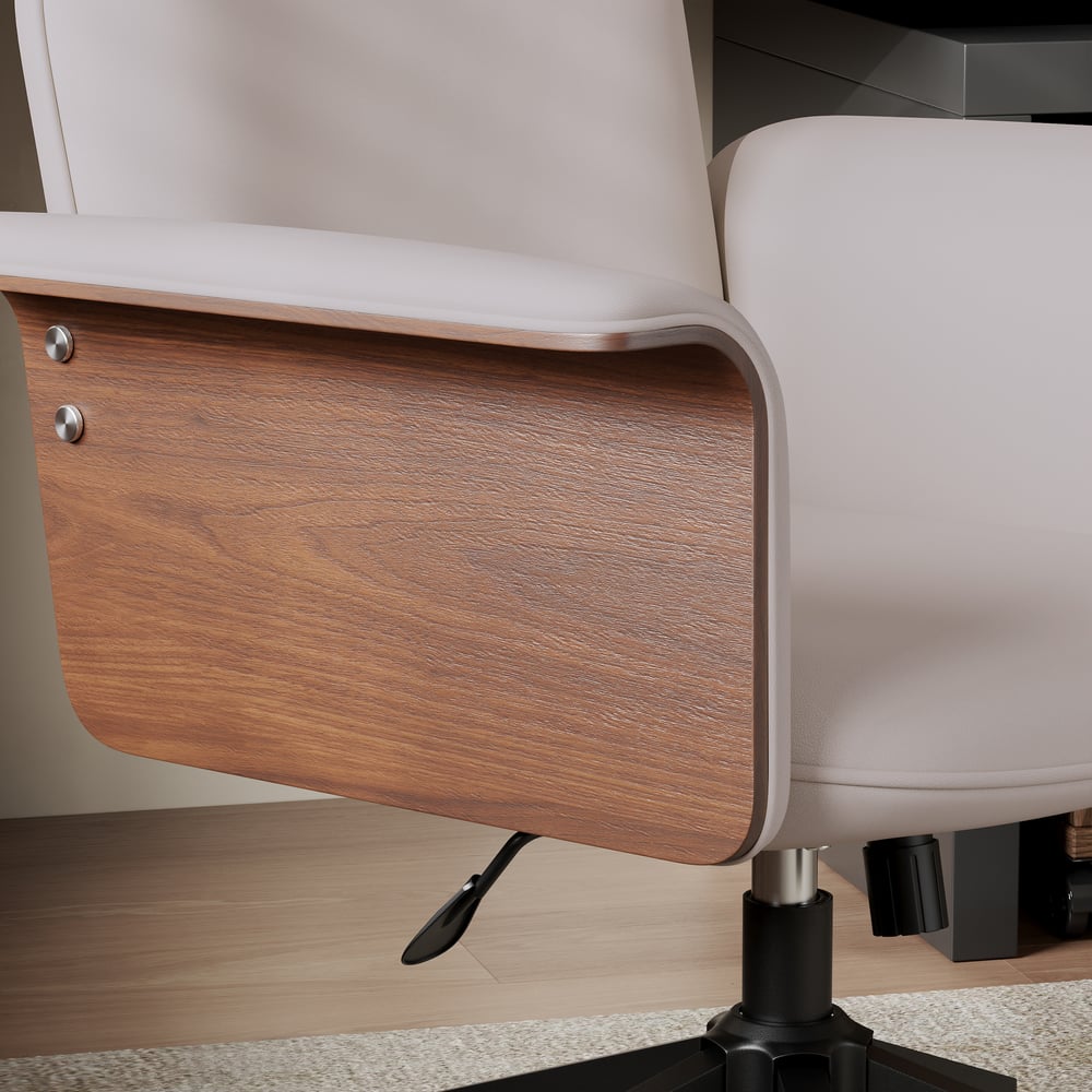 Wood & Faux Leather Office Chair - Ergonomic Adjustable Swivel (Khaki) window image