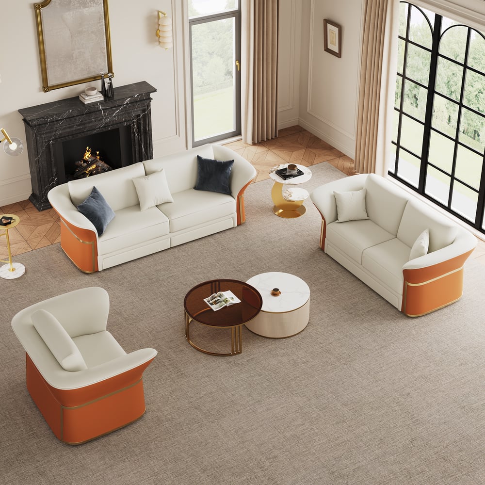 Divano da salotto moderno in pelle sintetica in bianco e arancione, set di 3 Immagine della finestra