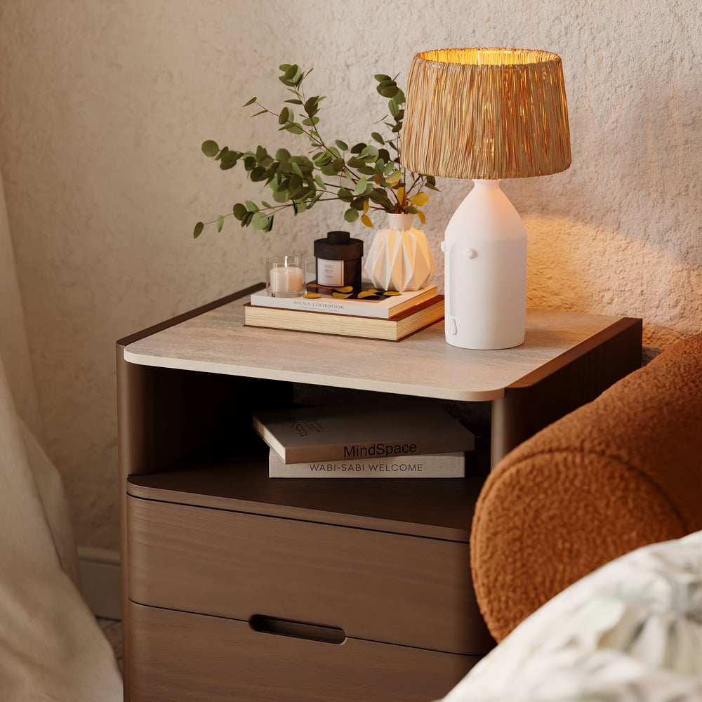 Modern Sintered Stone Top Nightstand with Drawers & Shelf window image
