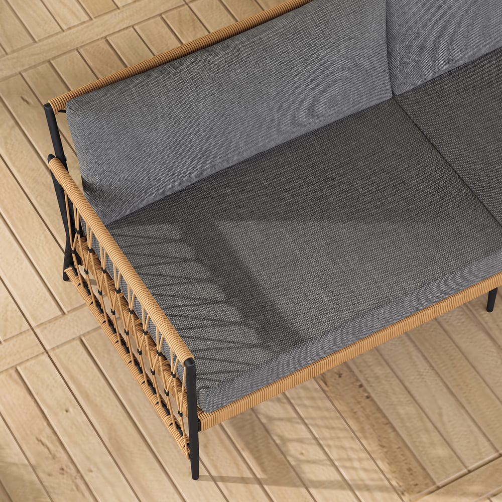 Ropipe Woven Rope Outdoor Sofa 3-Seater Sofa with Dark Gray Polyester Pillow Cushion window image