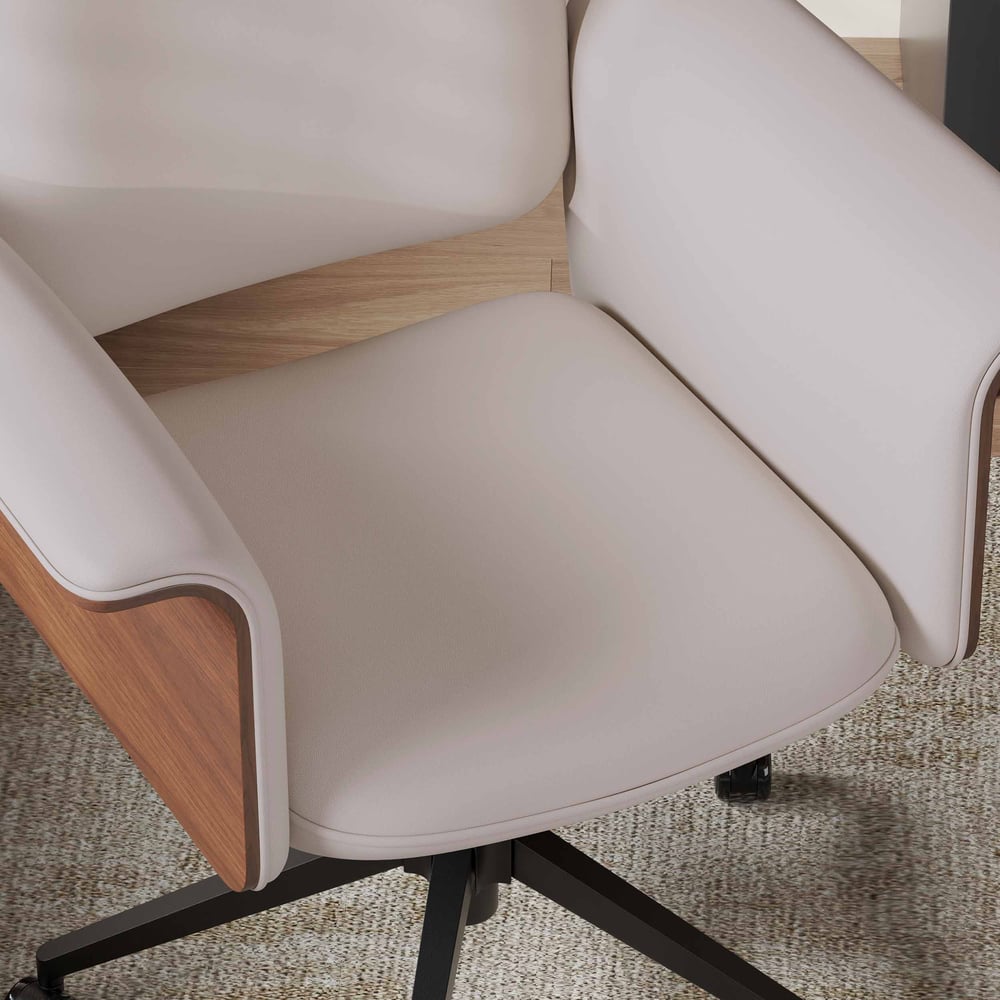 Wood & Faux Leather Office Chair - Ergonomic Adjustable Swivel (Khaki) window image