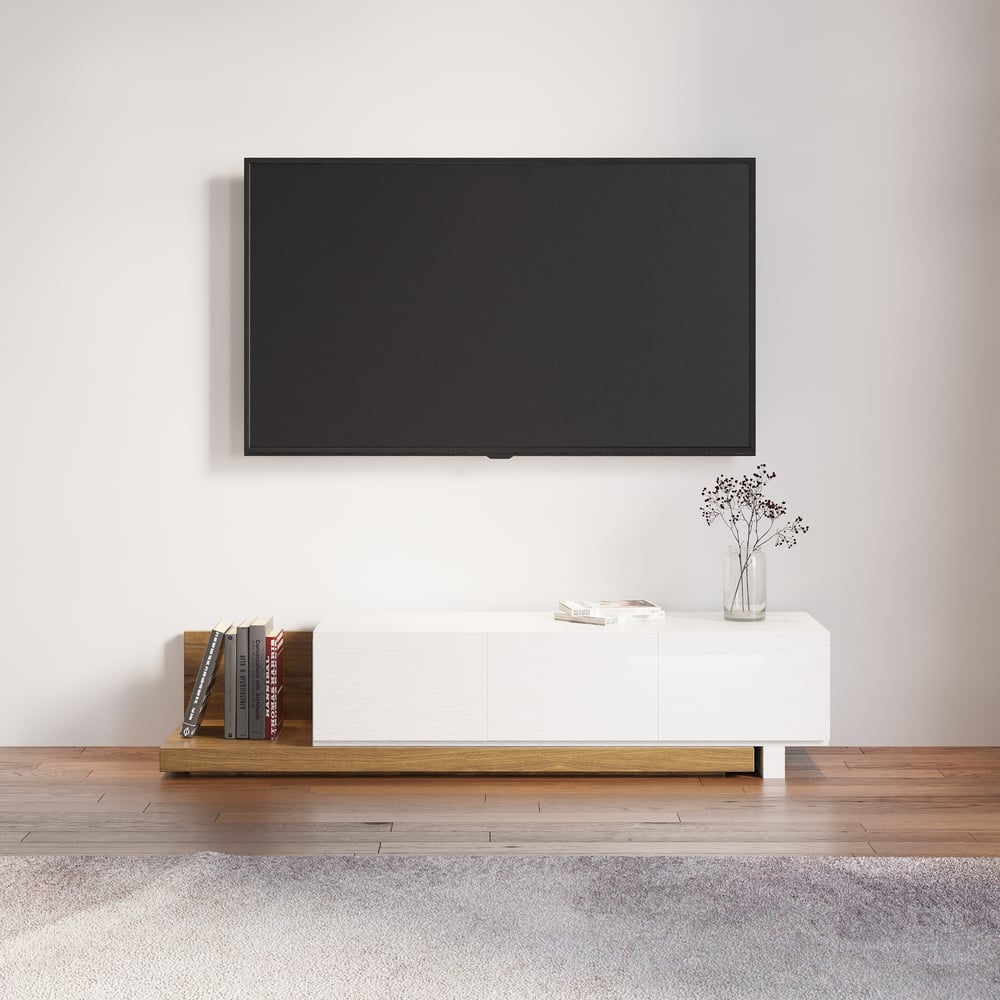 Extendable Floor White & Walnut TV Stand with 3 Drawers(47"-100") window image