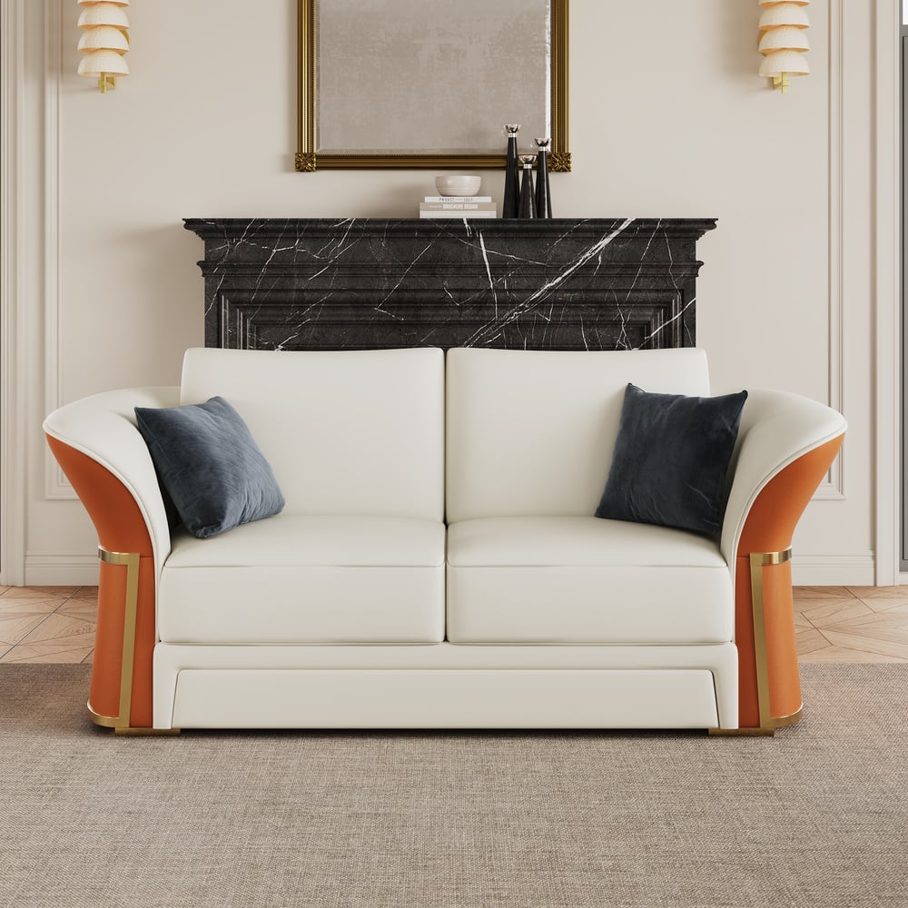 Divano da salotto moderno in pelle sintetica in bianco e arancione, set di 3 Immagine della finestra