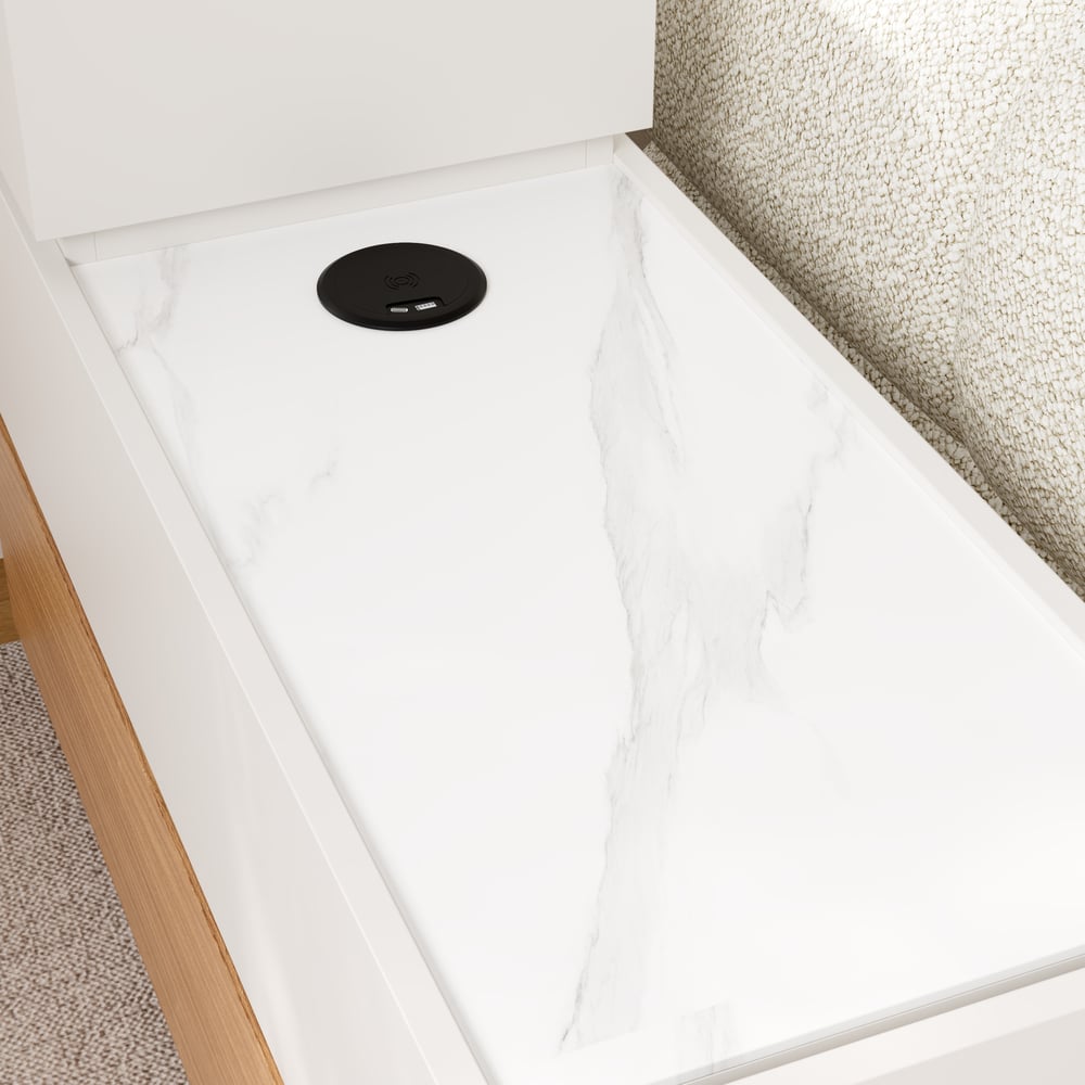 Table d'appoint intelligente étroite avec plateau en pierre frittée avec rangement image de fenêtre