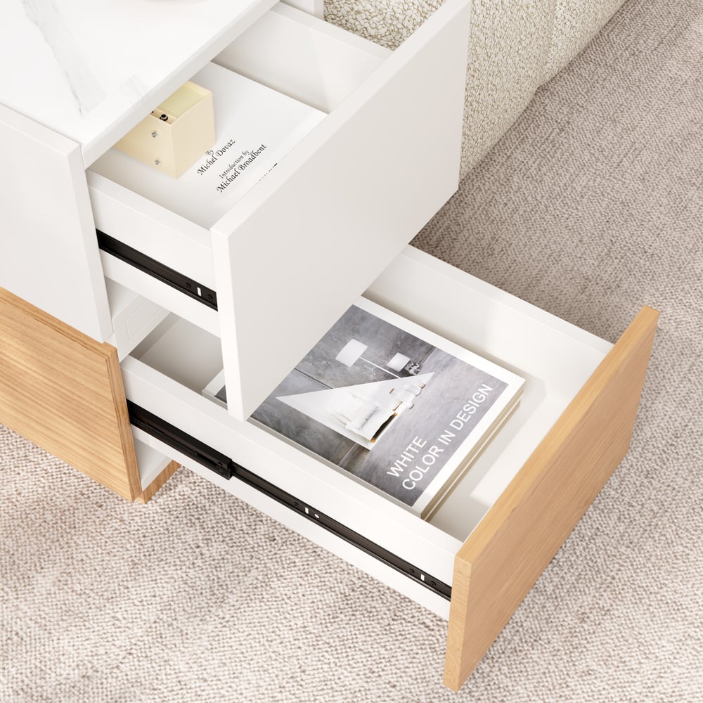 Table d'appoint intelligente étroite avec plateau en pierre frittée avec rangement image de fenêtre