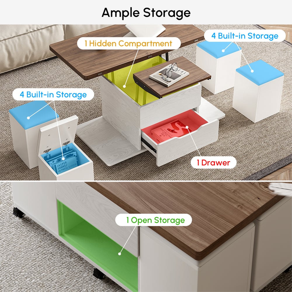 39" Lift-Top Foldable Walnut & White Coffee Table with 4 Stools & Storage window image