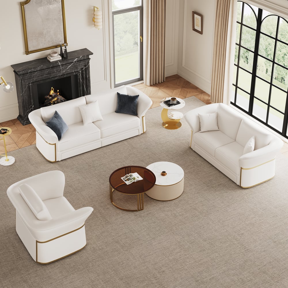 Modern Faux Leather Living Room Sofa Set in White Set of 3 window image