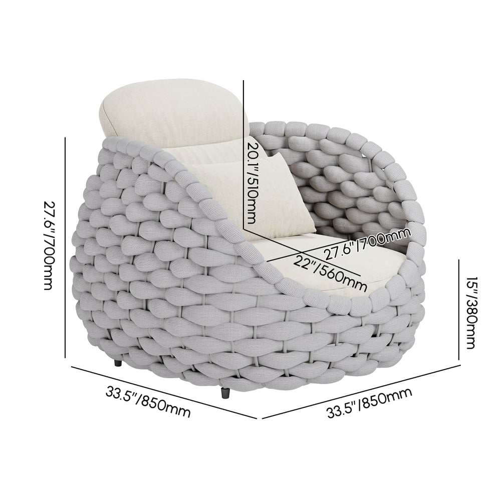 Chaise d'extérieur en corde tissée Fauteuil imperméable pour jardin et patio en gris clair avec coussin Poids, dimensions, image