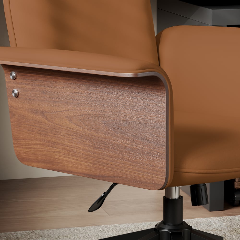 Wood & Faux Leather Office Chair - Ergonomic Adjustable Swivel (Brown) window image