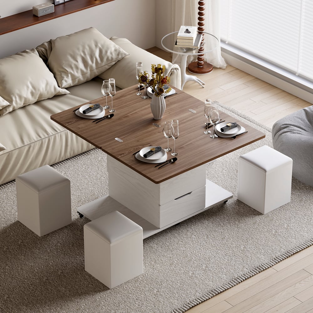 39" Lift-Top Foldable Walnut & White Coffee Table with 4 Stools & Storage window image