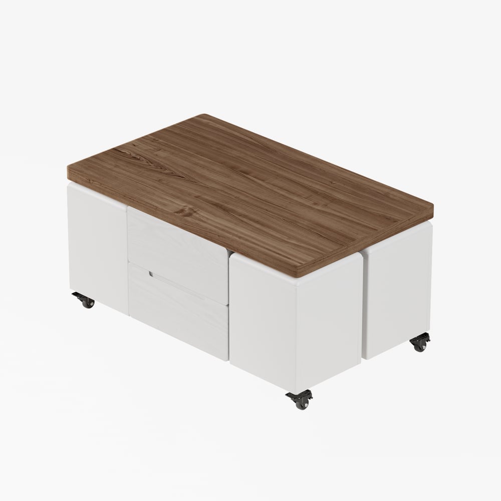 39" Lift-Top Foldable Walnut & White Coffee Table with 4 Stools & Storage window image