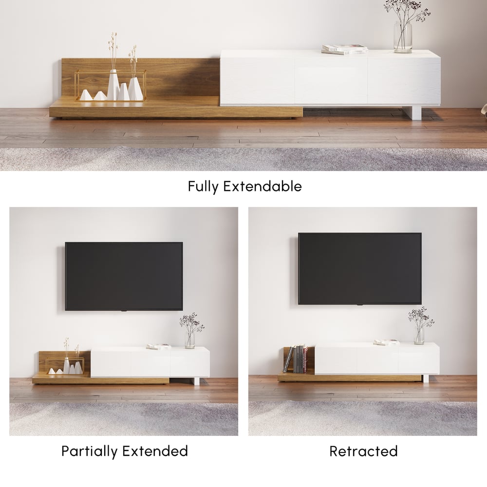 Extendable Floor White & Walnut TV Stand with 3 Drawers(47"-100") window image