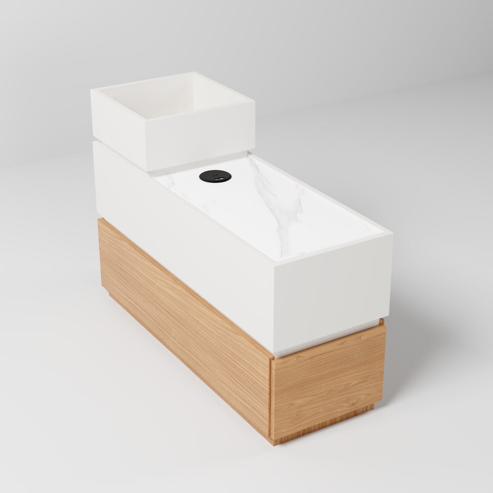 Table d'appoint intelligente étroite avec plateau en pierre frittée avec rangement image de fenêtre