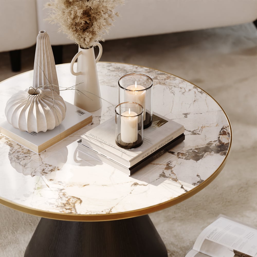 700mm kulatý černý slinutý kamenný konferenční stolek obrázek okna