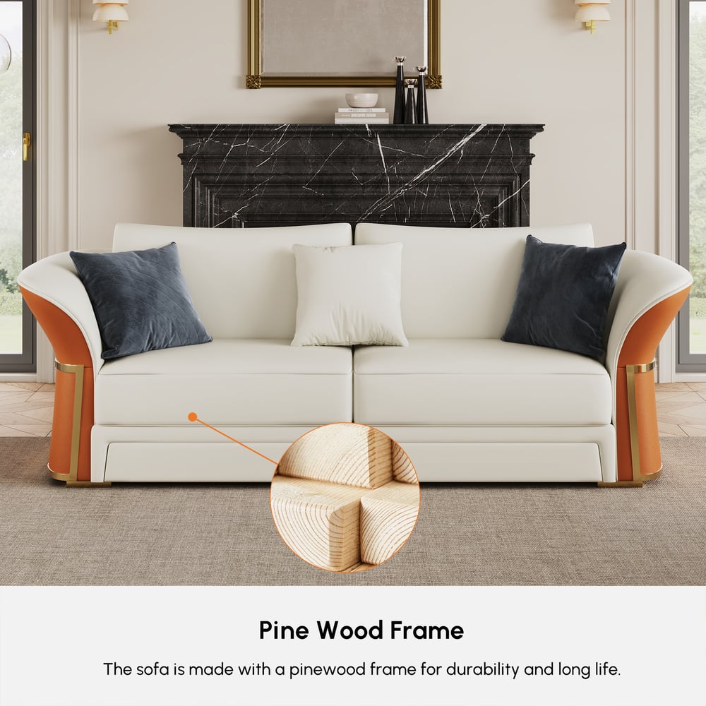 Divano da salotto moderno in pelle sintetica in bianco e arancione, set di 3 Immagine della finestra