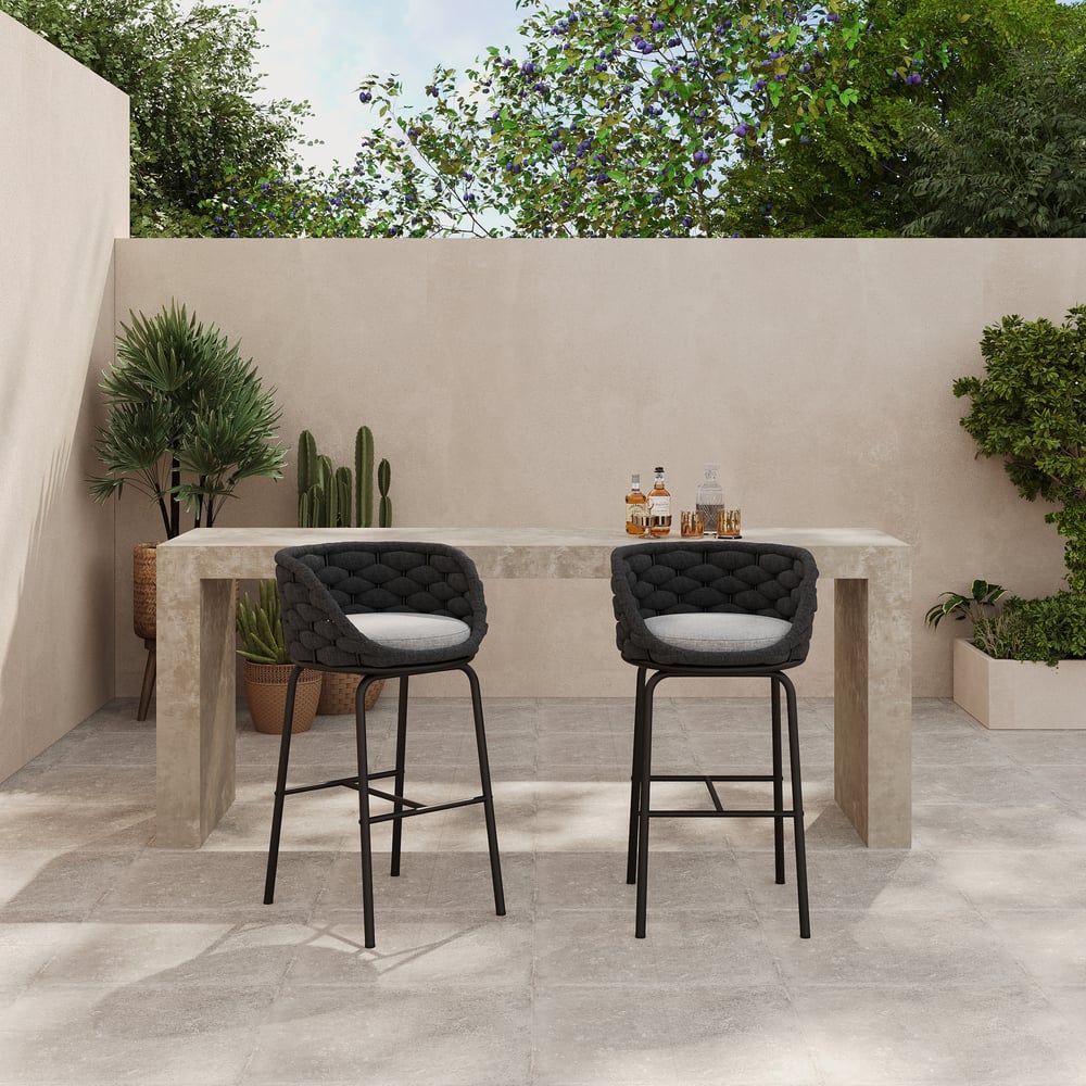 2 Pieces Outdoor Chair Patio Woven Rope & Aluminum 38" Bar Stools Set with Backs window image