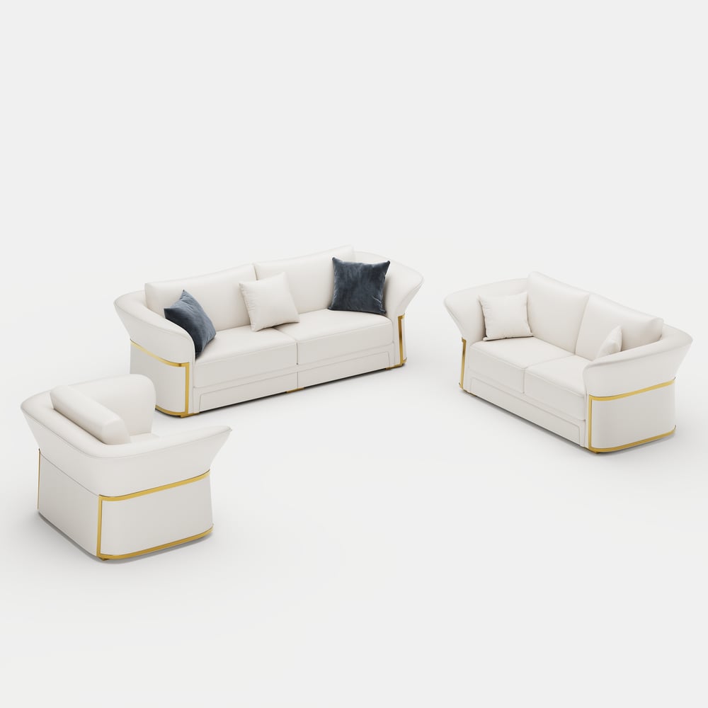 Modern Faux Leather Living Room Sofa Set in White Set of 3 window image
