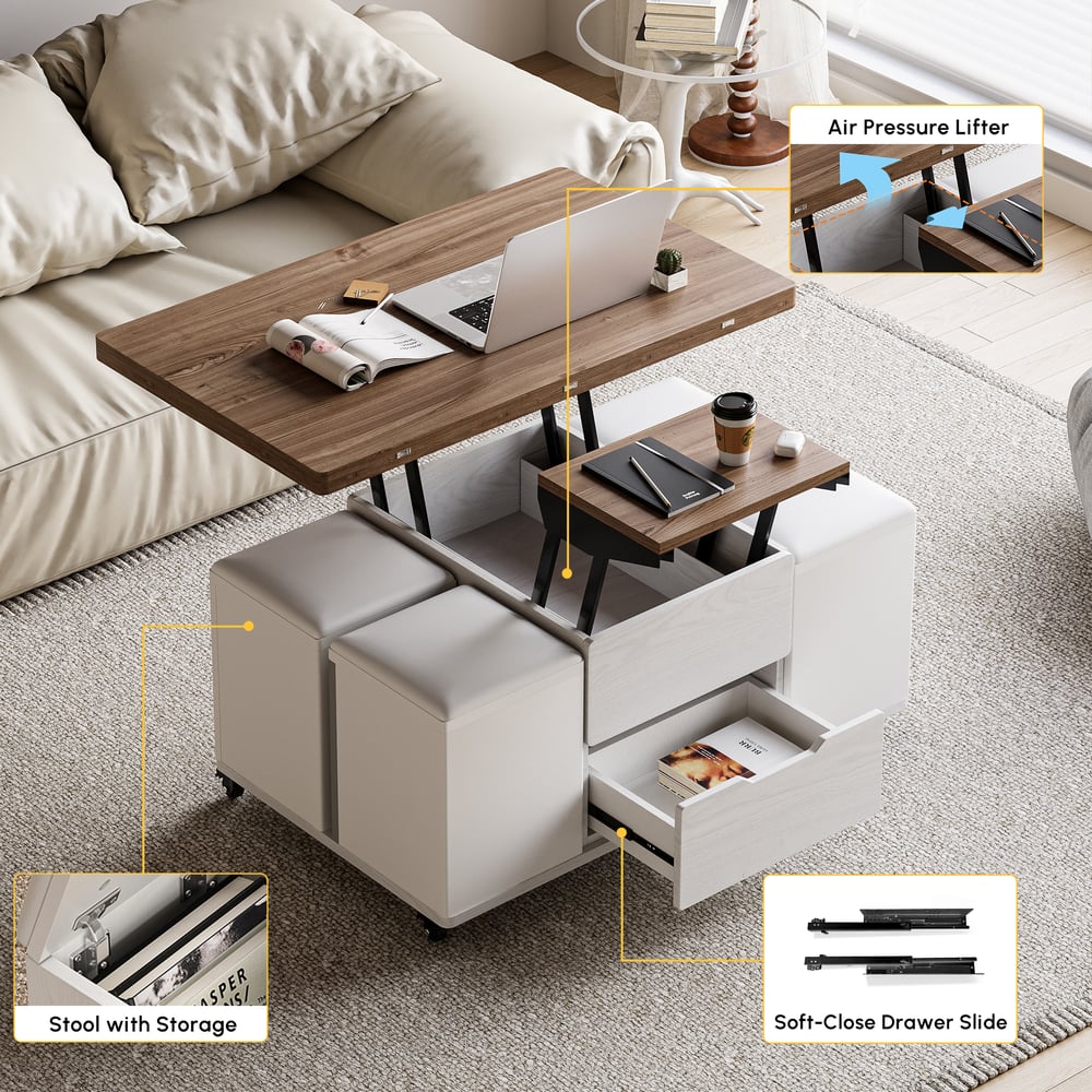 39" Lift-Top Foldable Walnut & White Coffee Table with 4 Stools & Storage window image