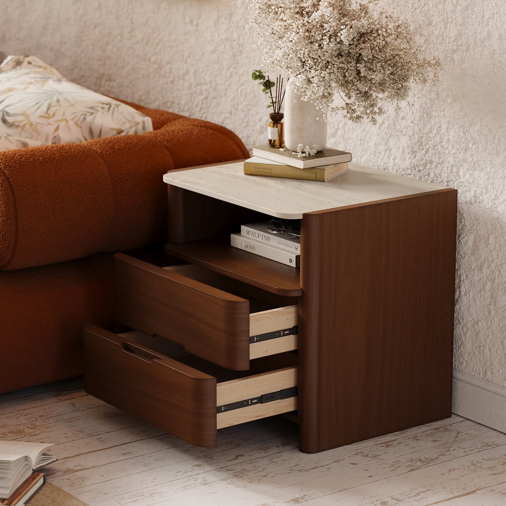 Modern Sintered Stone Top Nightstand with Drawers & Shelf window image