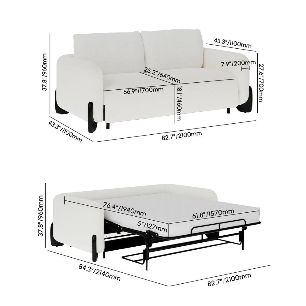 83" Curva Queen 3-Seater Boucle Pop Up Sleeper Sofa with Mattress weights dimensions image