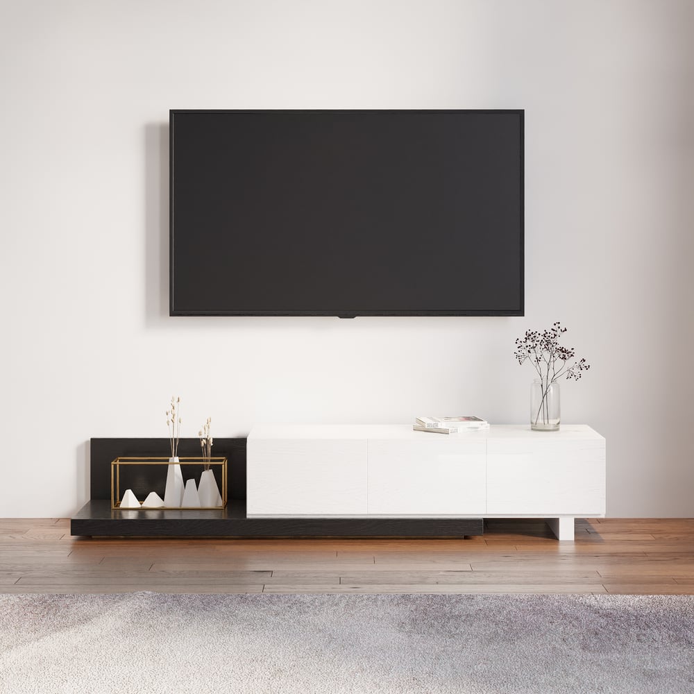 Extendable Floor White & Black TV Stand with 3 Drawers(47"-100") window image