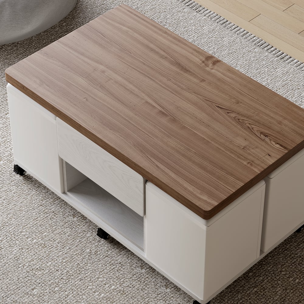 39" Lift-Top Foldable Walnut & White Coffee Table with 4 Stools & Storage window image