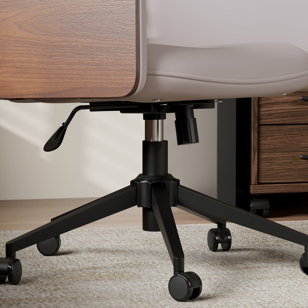 Wood & Faux Leather Office Chair - Ergonomic Adjustable Swivel (Khaki) window image