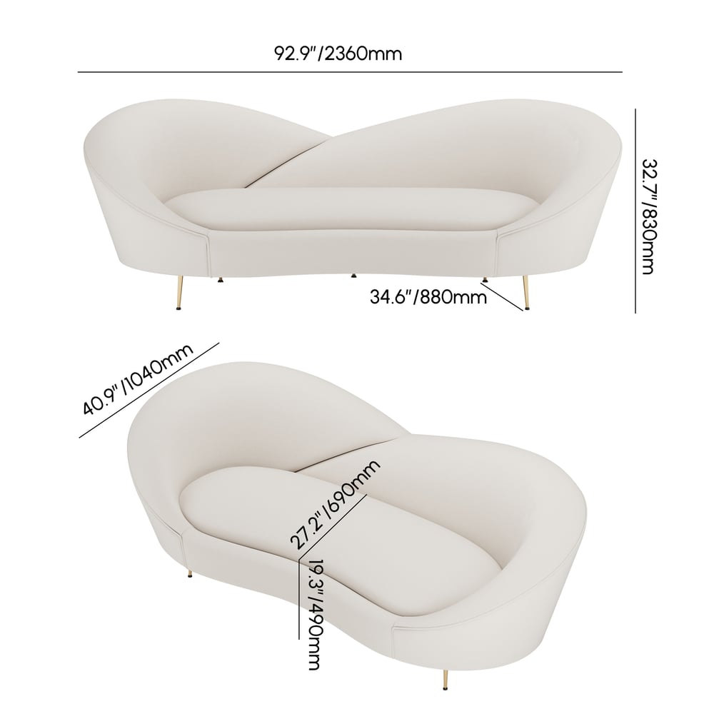 93" Modern White Velvet Upholstered Large 3-Seater Curved Sofa weights dimensions image