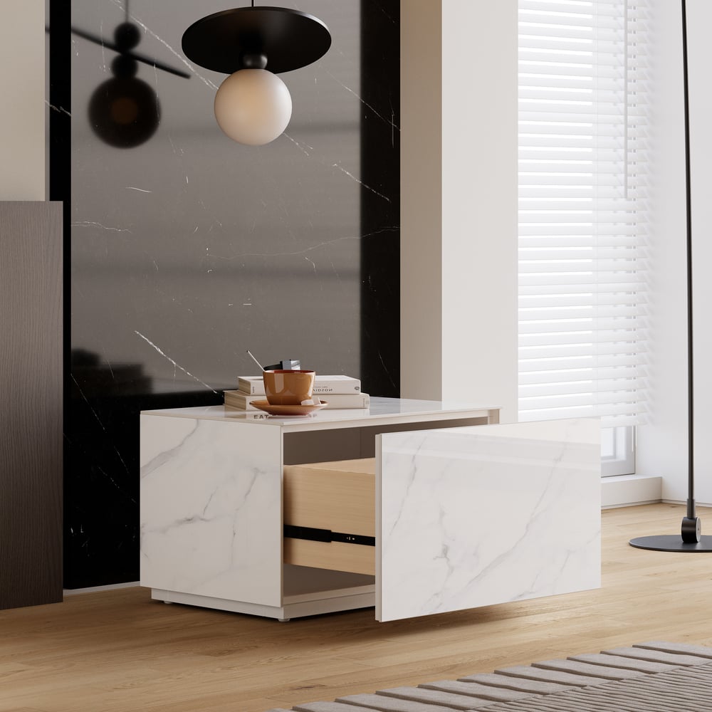 Mesita de noche de suelo de piedra sinterizada de 600 mm con cajón imagen de ventana