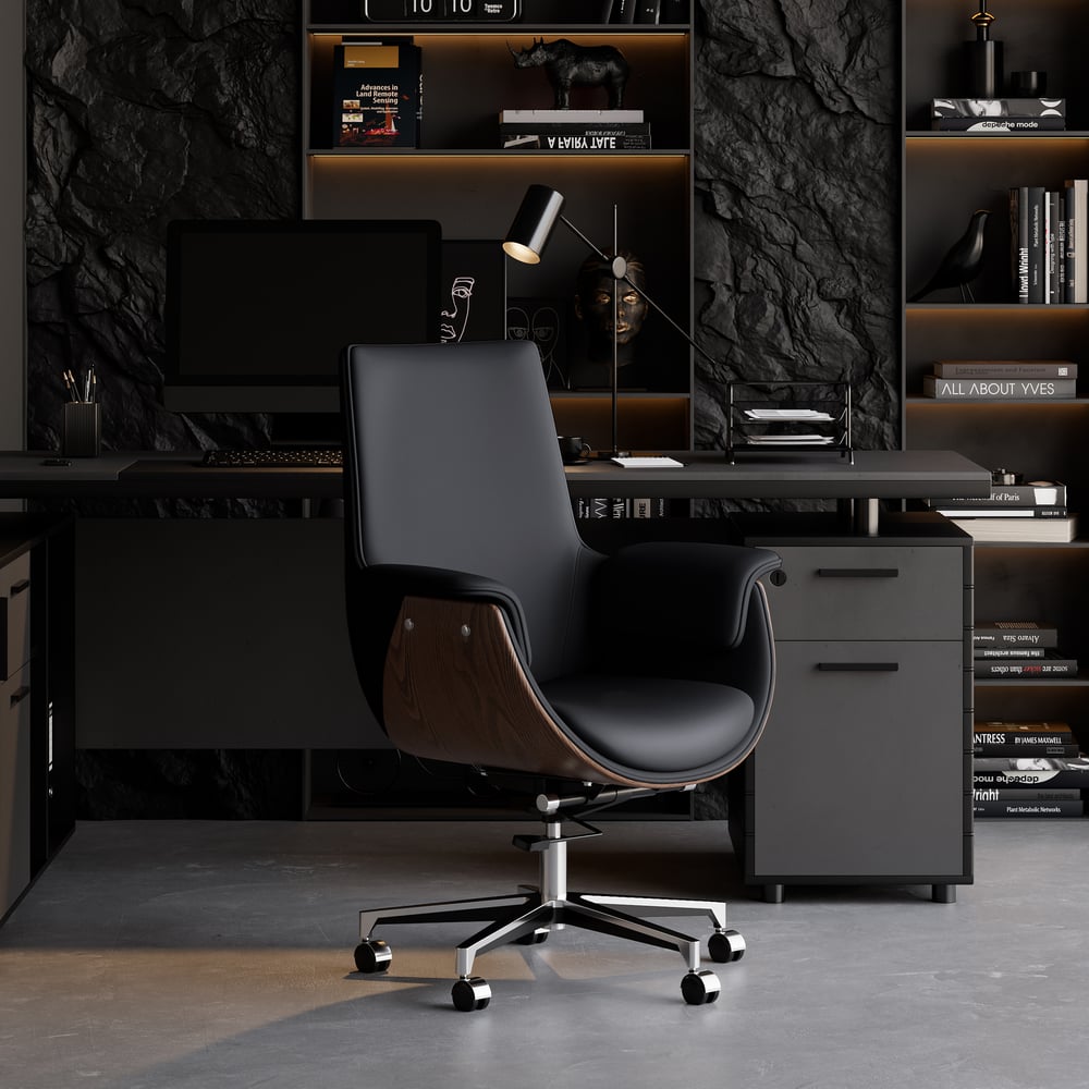 Black Leather Modern Home Office Chair Upholstered High Back Desk Chair Wood Grain Frame window image