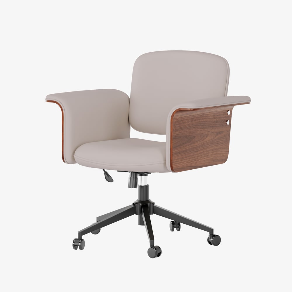 Wood & Faux Leather Office Chair - Ergonomic Adjustable Swivel (Khaki) window image