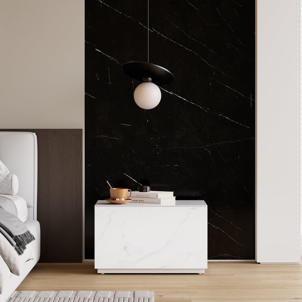 Mesita de noche de suelo de piedra sinterizada de 600 mm con cajón imagen de ventana