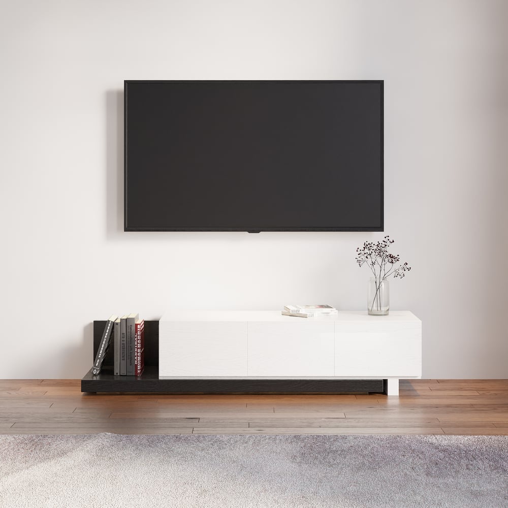 Extendable Floor White & Black TV Stand with 3 Drawers(47"-100") window image