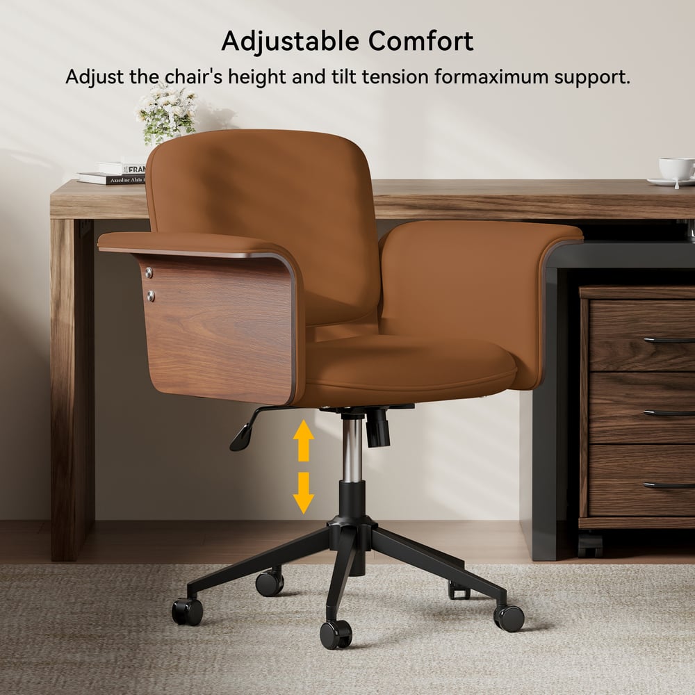 Wood & Faux Leather Office Chair - Ergonomic Adjustable Swivel (Brown) window image