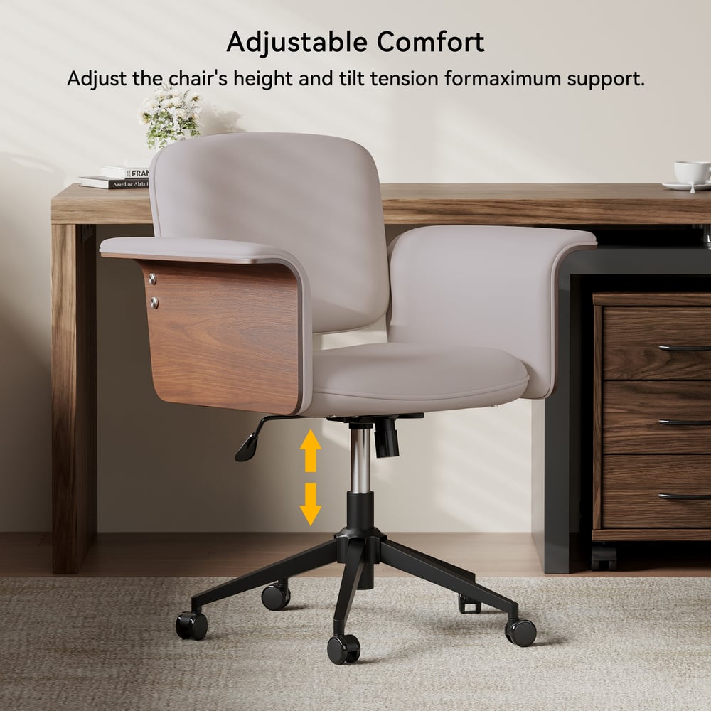 Wood & Faux Leather Office Chair - Ergonomic Adjustable Swivel (Khaki) window image