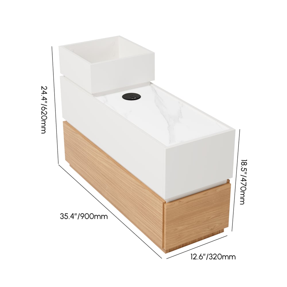 Table d'appoint intelligente étroite avec plateau en pierre frittée avec rangement Poids, dimensions, image