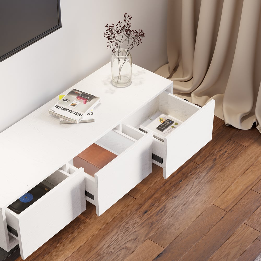 Extendable Floor Natural TV Stand with 3 Drawers window image