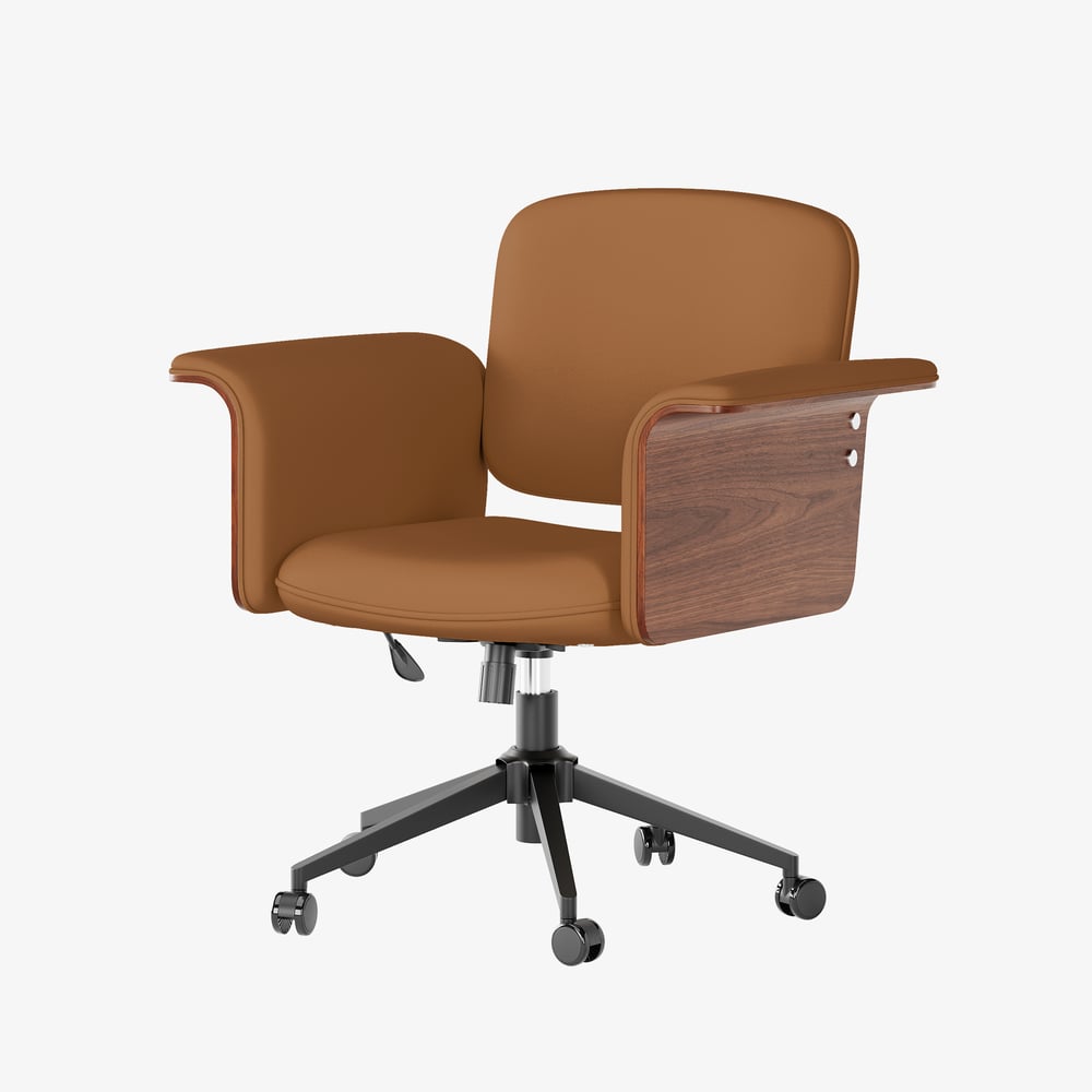 Wood & Faux Leather Office Chair - Ergonomic Adjustable Swivel (Brown) window image