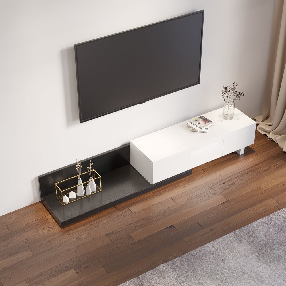 Extendable Floor White & Black TV Stand with 3 Drawers(47"-100") window image