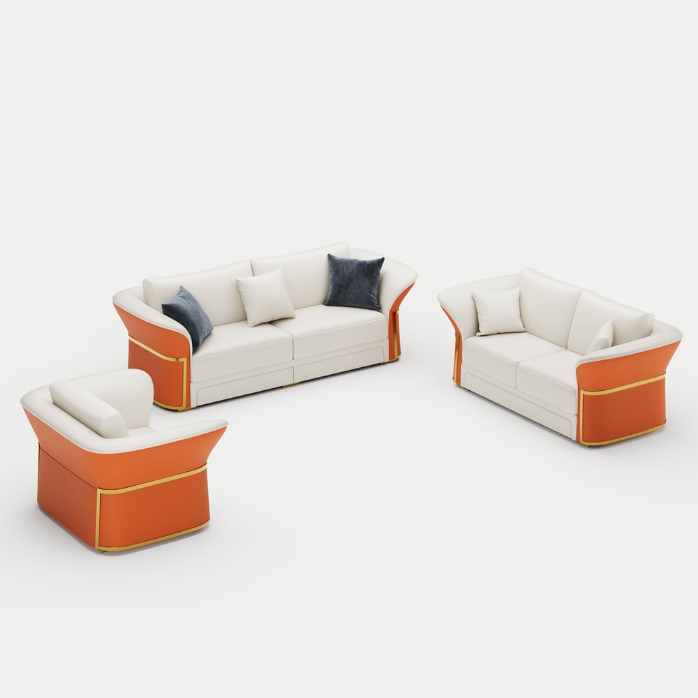 Divano da salotto moderno in pelle sintetica in bianco e arancione, set di 3 Immagine della finestra