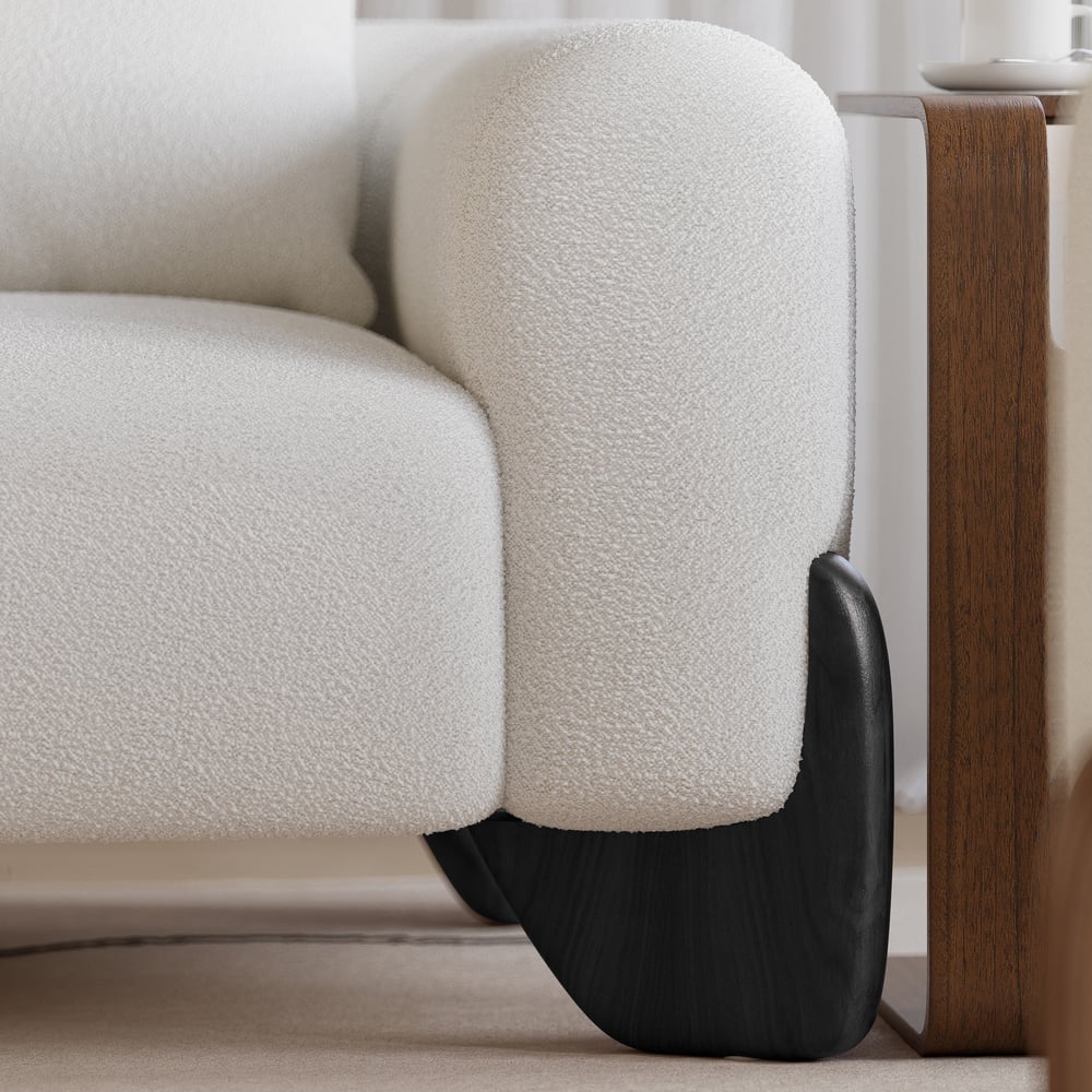 Canapé 2 places Curva 1980 mm avec pieds en bois rembourrés bouclés blancs image de fenêtre