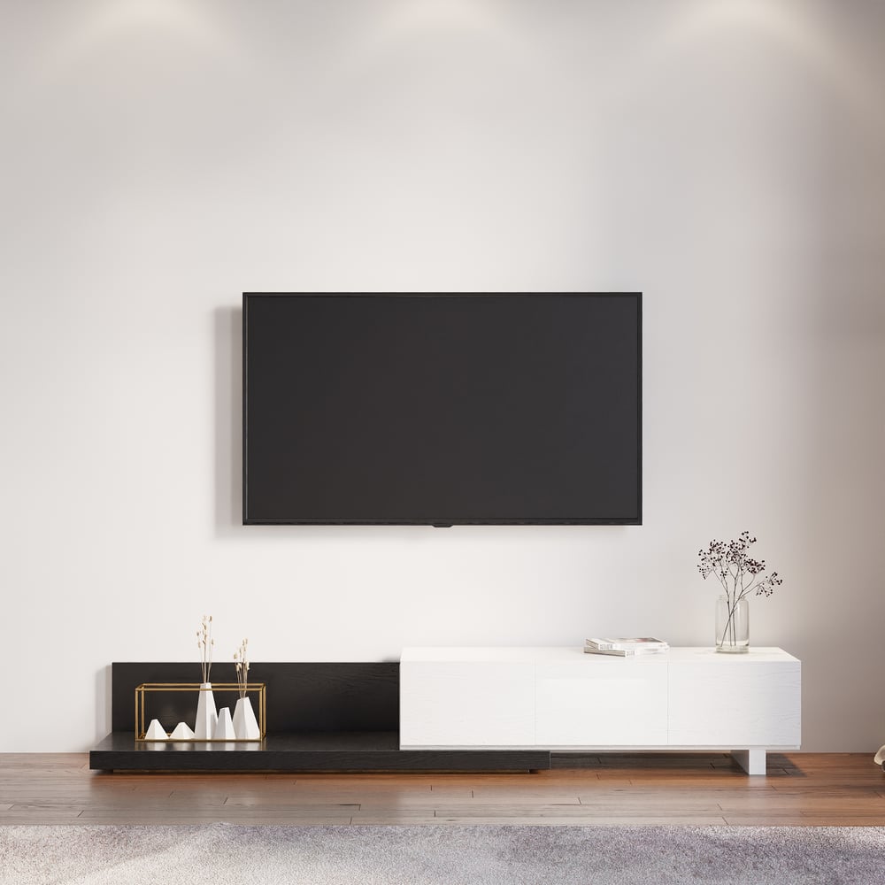 Extendable Floor White & Black TV Stand with 3 Drawers(47"-100") window image